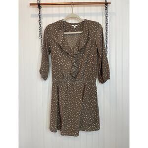 Uniqlo Womens Dress Brown & White Polka Dot Ruffle V-Neck Casual Mini Size XS
